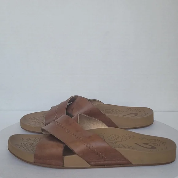 Olukai Kipe'a 'Olu Women's Leather Slide Boho Sahara Tan Beach Sandal 8 - Picture 4 of 16